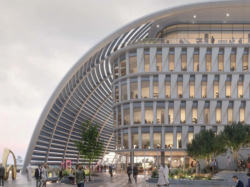 Visualised exterior of Masdar City Square, with curved external structure and white office block, Abu Dhabi, UAE