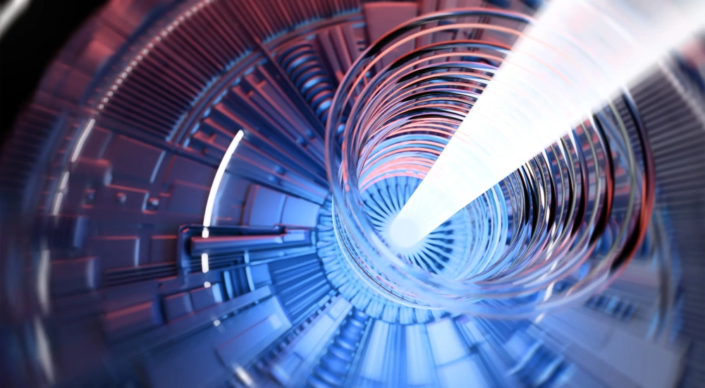 Abstract Nuclear Reactor - 3d render image of nuclear fusion reactor, tokamak magnetic field to confine plasma in the shape of a torus. Toroidal shape, clean energy. Concept of future energy concept as a small modular nuclear reactor (SMR) power plant