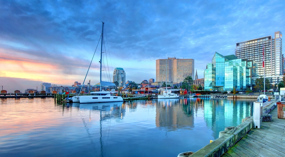 A beautiful image of the Halifax, Nova Scotia, Canada skyline at sunset.