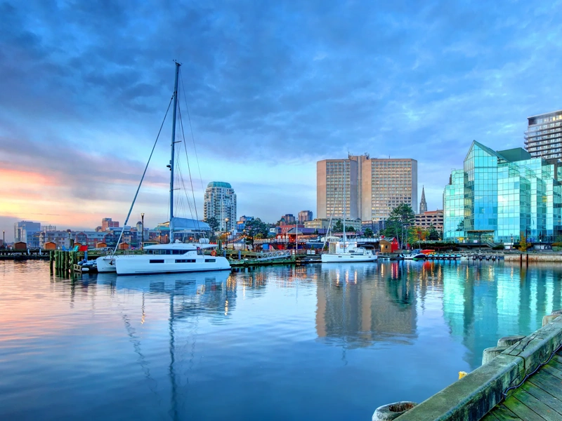 A beautiful image of the Halifax, Nova Scotia, Canada skyline at sunset.
