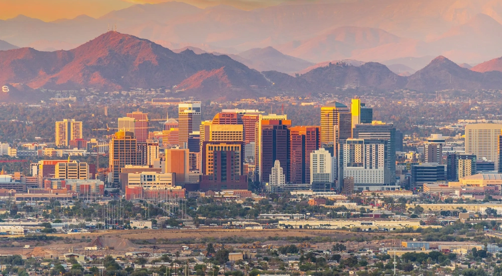Phoenix, Arizona skyline at dusk stock photo