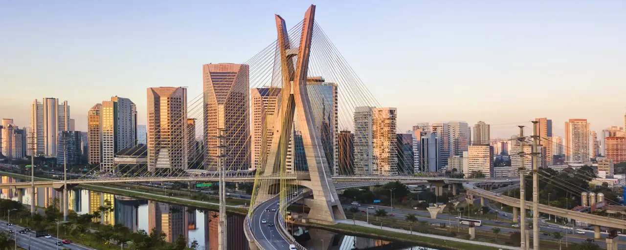 Aerial view of the famous cable-stayed bridge of Sao Paulo city with blue sky.