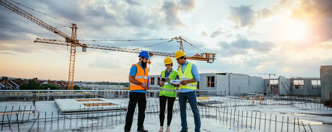 Employees working on construction site, wearing protective equipment and discussing next construction phase