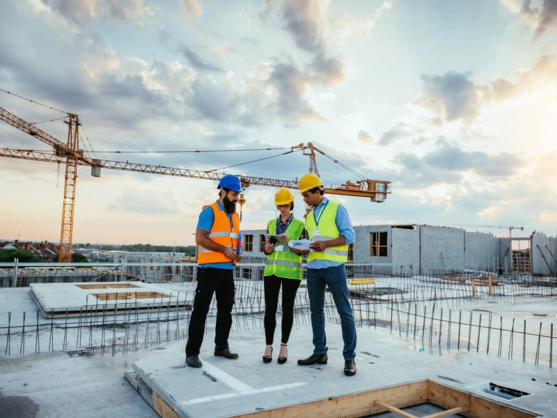 Employees working on construction site, wearing protective equipment and discussing next construction phase
