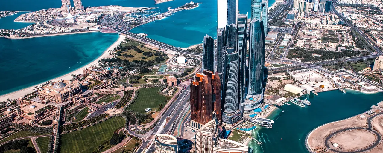 Wonders of modern architecture in Abu Dhabi, United Arab Emirates, taken from a helicopter high above the city.