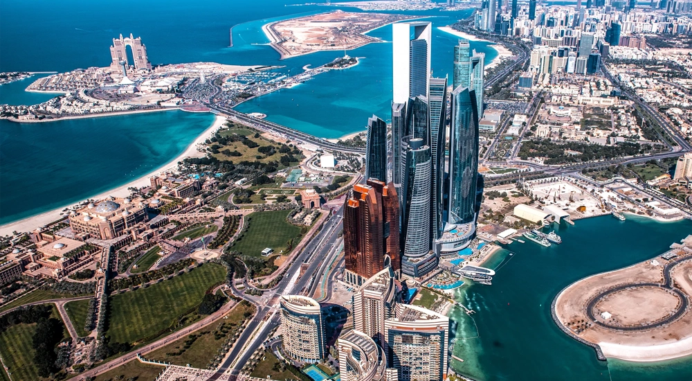 Wonders of modern architecture in Abu Dhabi, United Arab Emirates, taken from a helicopter high above the city.