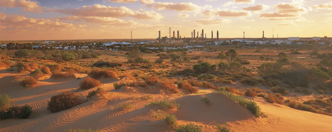 A sandy desert with some tufts of plants in the foreground of the image, with a clean energy plant far away in the distance. 