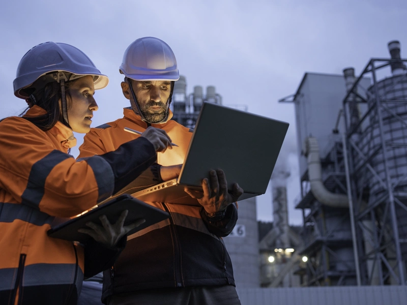 Male and female construction workers wearing high vis and looking at a laptop