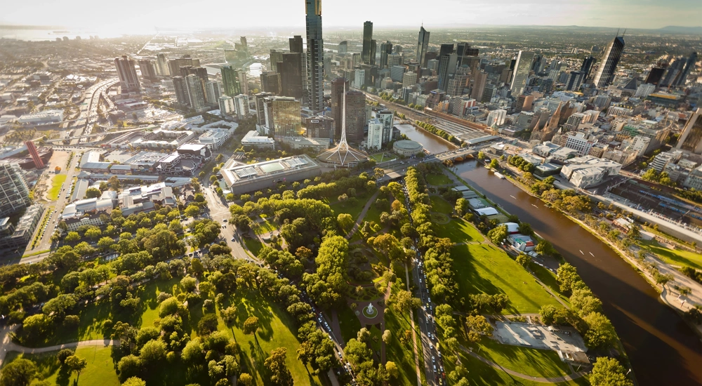 Australian city centre on the river with skyscrapers in the background