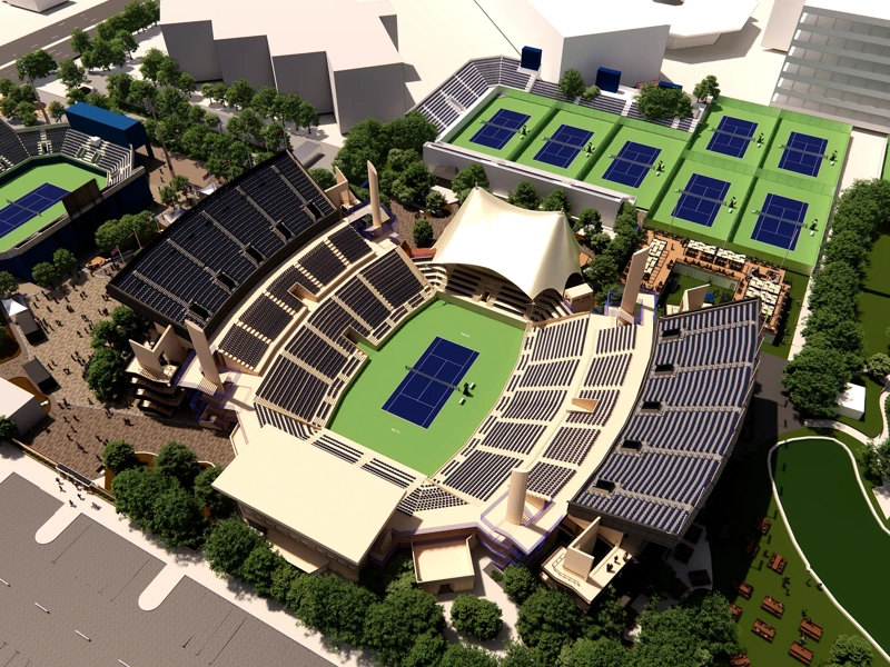 3D architectural rendering of a modern tennis complex featuring a central stadium court with tiered seating, multiple surrounding tennis courts, green roofs with solar panels and landscaped areas.