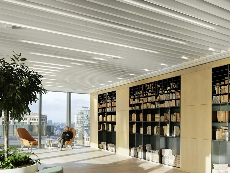 Interior of Five Bank Street with skyline view and central plant installation, London, UK