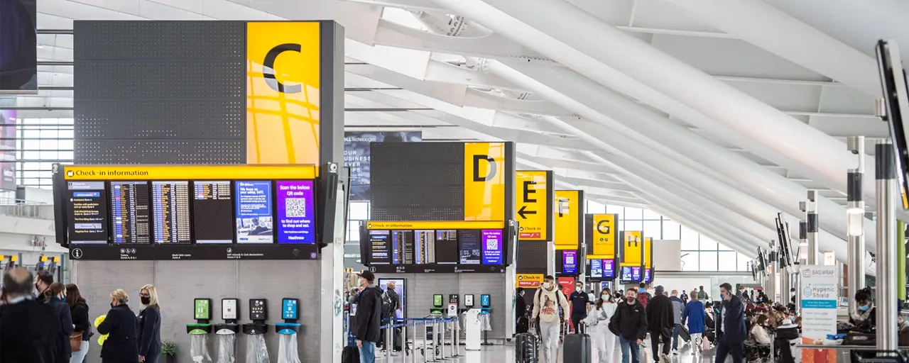 Check-in area at Heathrow Airport, UK.