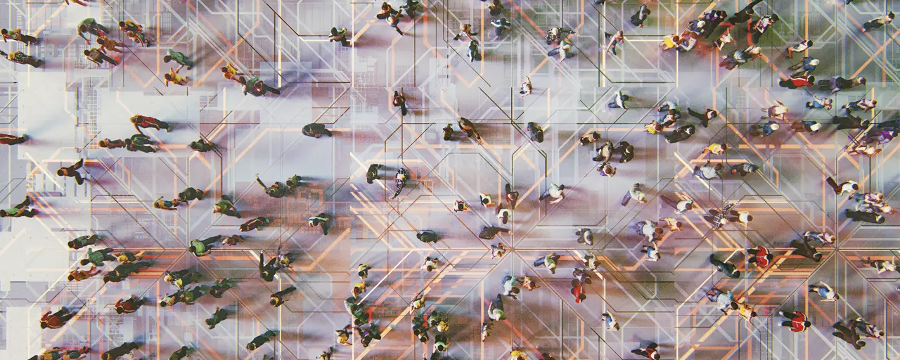 Birdseye view of people with digital pattern overlaid