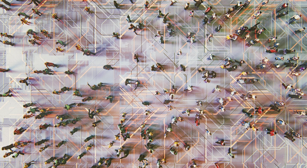 Birdseye view of people with digital pattern overlaid