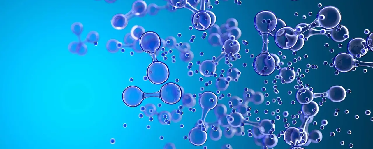 Render image of multiple hydrogen atoms on a blue backdrop