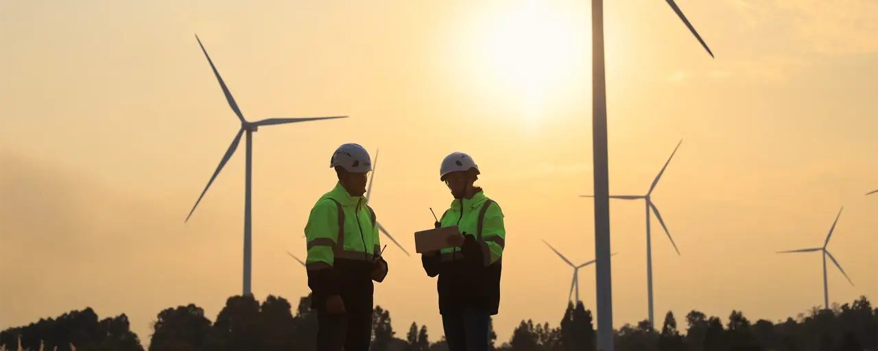 In silhouette two engineers planning maintenance on wind turbine equipment monitoring through digital device at windmill turbine farm