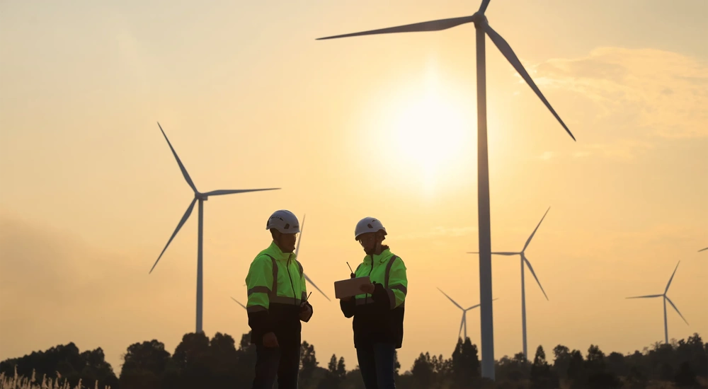 In silhouette two engineers planning maintenance on wind turbine equipment monitoring through digital device at windmill turbine farm