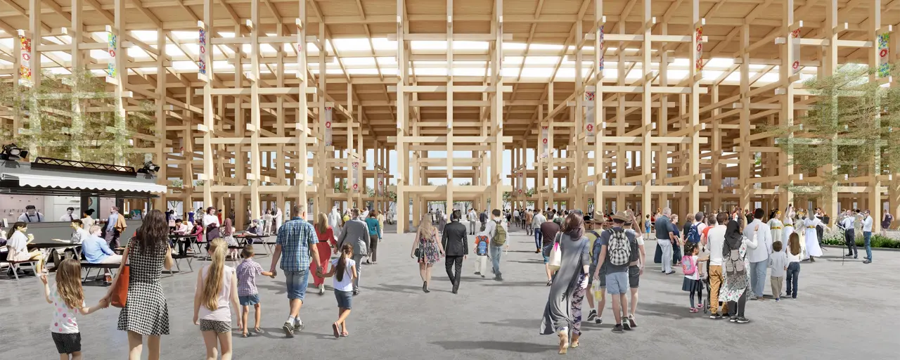 Rendered image of entrance to exhibition centre with crowds of people and a cafe to the left