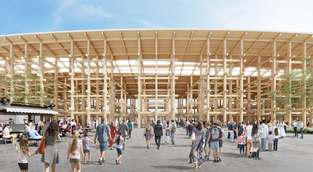 Rendered image of entrance to exhibition centre with crowds of people and a cafe to the left