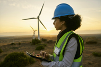 A female engineer in a blue hard hat and high-visibility vest is standing in front of wind turbines at sunset, using a tablet for data collection or monitoring. She is focused on her work, with the wind turbines symbolizing renewable energy and sustainable technology in the background.