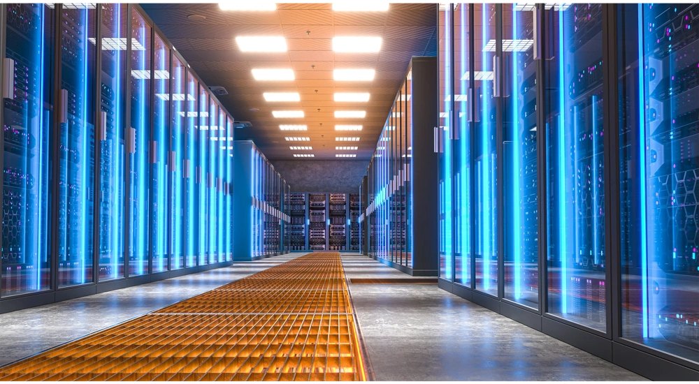 Modern server room with bright blue lights illuminating the corridor and server racks