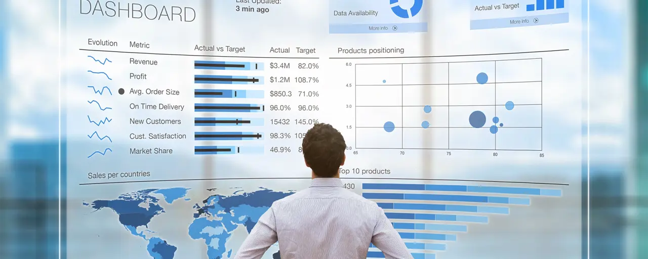 Man standing with hands on hips in front of analytics dashboard