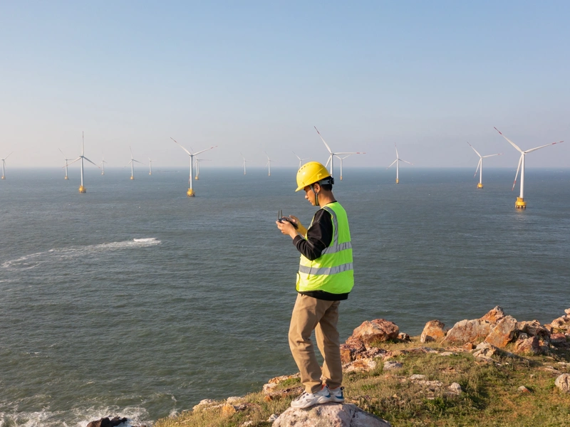 Engineer in high-vis vest in front of an ocean of offshore wind turbines
