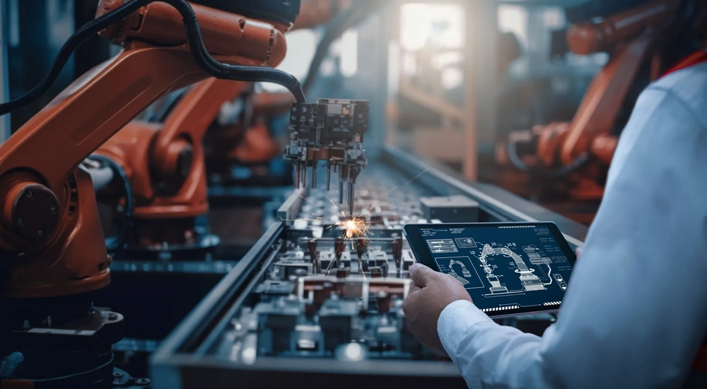 Engineers test the control of robot arm, Intelligent machine in factory industrial on real-time monitoring system software.