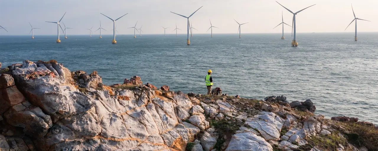 Workmen in high vis looking out over windfarm at sea.