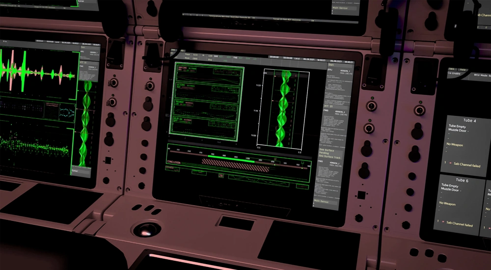 Nuclear facilities control desk with digital monitoring screens