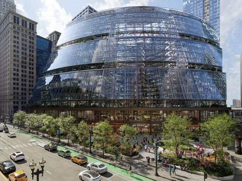 Rendering of glass exterior and surrounding streets of Goodle Thompson Center, Chicago, US