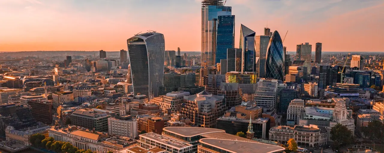 Aerial view of London Shard skyscrapers near the Tower Bridge.