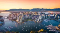 Aerial View Of Downtown Vancouver Skyline British Columbia Canada At Sunset