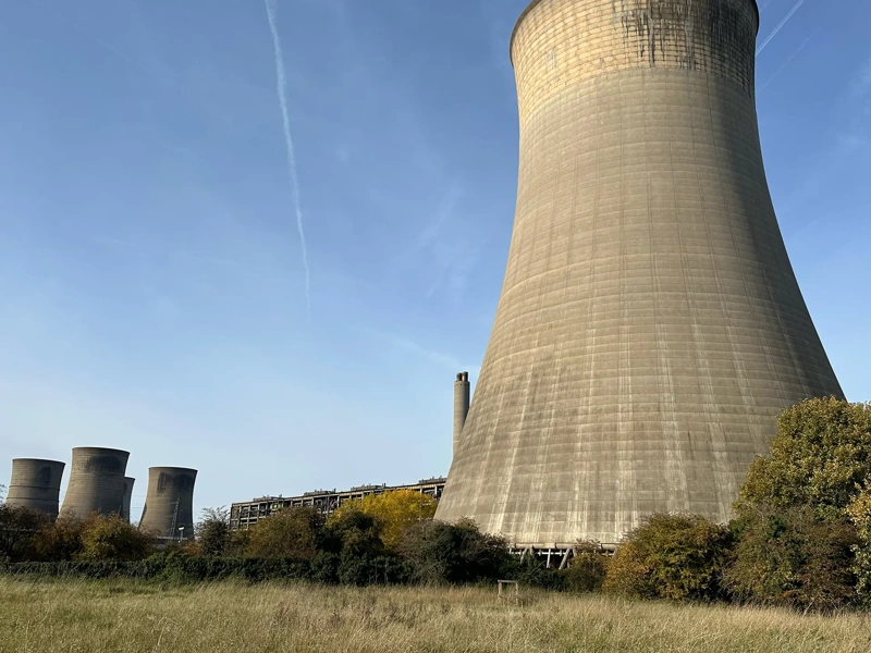 Drone point of view of Water Cooling Towers at Fiddlers Ferry Power Station. A coal fired power station located in Warrington, England.