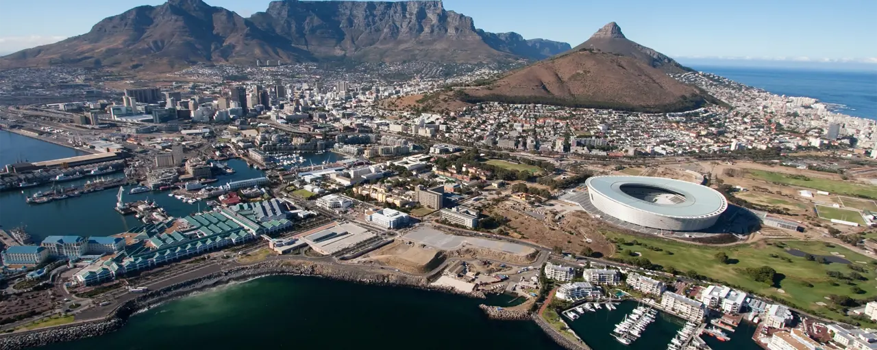 Aerial view of sports stadium by the coast