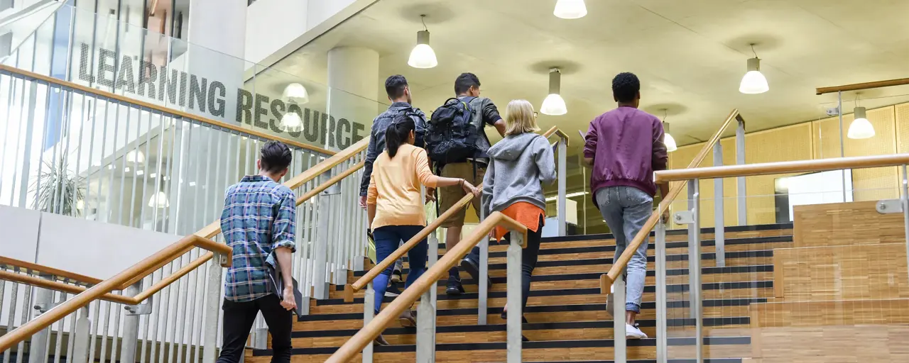 Male and female college students in casual clothing, on way to class, ascending staircase