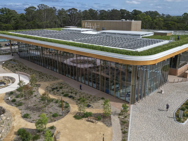 Bradfield City Centre 'First Building' rendering with solar panels and greenery on roof, Sydney, Australia