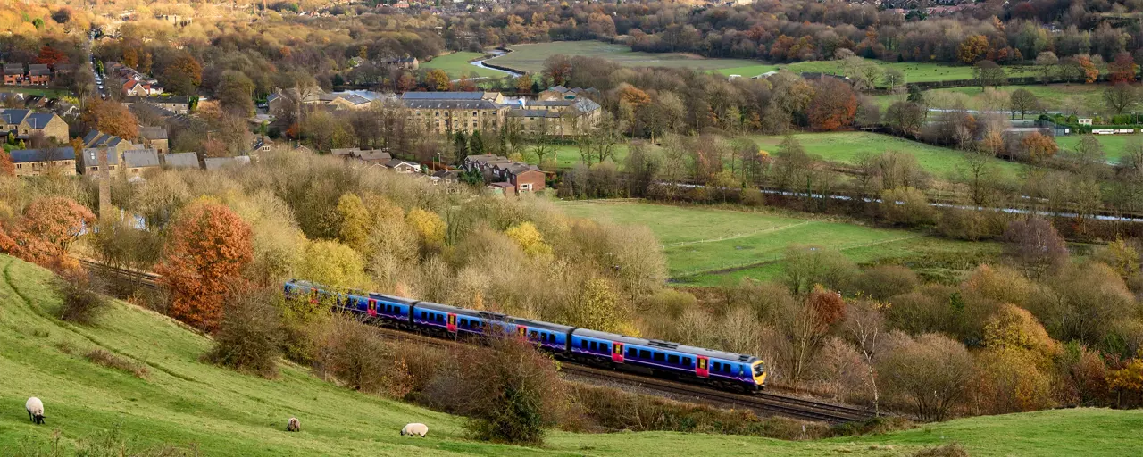 Train going through countryside at a fast speed with lots of greenery around the train.